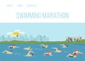 Swimmer athletes competition maraphone in river vector cartoon illustration. Sportsman swimming freestyle. Sport