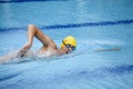 Swimmer in cap breathing during front crawl