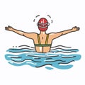 Swimmer demonstrating open arms gesture water, safety helmet, sports illustration. Male athlete