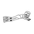 Swimmer with diving fins cartoon in black and white