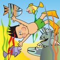 Swimmer with fishes, vector funny illustration