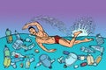 Swimmer at sea. ocean pollution. ecology and plastic waste Royalty Free Stock Photo