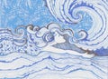 Swimmer surfer riding waves mermaid fantasy ocean watercolor art