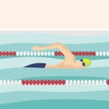 Swimmer is swimming along the path in the pool. Male cartoon character. Flat vector illustration. Minimalistic illustration