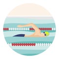 Swimmer is swimming along the path in the pool. Male cartoon character. Flat vector illustration. Minimalistic illustration Royalty Free Stock Photo