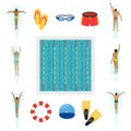 Swimmer and swimming pool flat icons