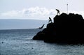 Swimmers Diving from A Rock