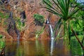 Swimmers Enjoying Waterfalls In An Australian Billabong