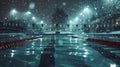 Swimmers glide through a dimly lit pool, snow gently falling in the quiet of the winter night