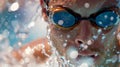 A swimmers goggles filling with water as they push their body to the limit during a grueling race