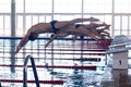 Swimmers plunging in the pool