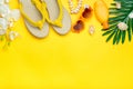 Swimming accessories - orchid flowers, sunblock, heart - shaped glasses, flip flop, palm, shells isolated on yellow background