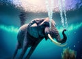 Swimming African Elephant Underwater Big elephant in ocean with air bubbles and reflections. Generative AI Royalty Free Stock Photo