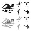 Swimming, badminton, weightlifting, artistic gymnastics. Olympic sport set collection icons in black,monochrome style