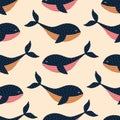 Swimming blue whales hand drawn vector illustration. Colorful underwater animal seamless pattern for children fabric.