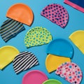 Swimming caps in various colors and patterns are arranged against a blue background Royalty Free Stock Photo