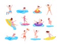 Swimming children in aquapark. Kids summer resort water activities, baby play in pool or sea, girl boy ride waterpark