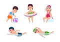 Swimming children. Happy kids, little beach girl. Sea or pool party. Isolated cartoon friends in swimsuits. Boys in Royalty Free Stock Photo