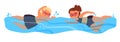 Swimming children. Swim in pool, child water competitions. Boy girl play in water, happy summer beach vacation. Cartoon