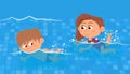 Swimming competition. Kids swim in pool, sport training. Cartoon boy girl play in water, early baby development. Cute