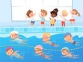 Swimming competition. Kids water sport swimming race in pool vector cartoon background