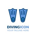 Swimming and diving equipment bussiness icon. Pair of fins for beach, water sports, vacations, hobbies, summer.