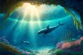 Swimming dolphins at the bottom of the sea with sunbeams.Ocean colorful background.