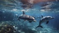 swimming dolphins, Underwater world, clear water, front view, AI generative