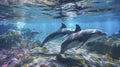 swimming dolphins, Underwater world, clear water, front view, AI generative