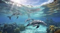 swimming dolphins, Underwater world, clear water, front view, AI generative