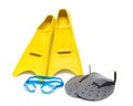 Swimming equipment, flippers goggles paddles Royalty Free Stock Photo