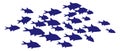 Swimming fish shoal. Blue animal silhouettes underwater
