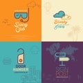 Swimming Goggles flat icon, clouds flat icon, door hanging flat icon, signpost with word map flat icon