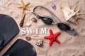 Swimming goggles and flippers on the sand with shells and starfishes. Royalty Free Stock Photo