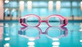 Swimming goggles and pool with copy space