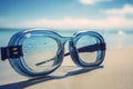 Swimming goggles on sea sand. Generate ai