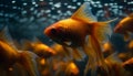 Swimming goldfish in blue water, vibrant colors, nature underwater beauty generated by AI