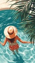 a swimming holiday illustration with an attractive woman in a hat lounging in the pool Royalty Free Stock Photo