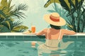 a swimming holiday illustration with an attractive woman in a hat lounging in the pool Royalty Free Stock Photo