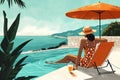 a swimming holiday illustration with an attractive woman in a hat lounging in the pool Royalty Free Stock Photo