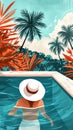 a swimming holiday illustration with an attractive woman in a hat lounging in the pool Royalty Free Stock Photo