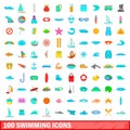 100 swimming icons set, cartoon style Royalty Free Stock Photo