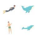 Swimming icons set cartoon vector. Active people swim with dolphin