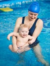 Swimming for infants. Portrait of young mother looking at laughing child in her arms. Mom swimming with baby in pool. Royalty Free Stock Photo
