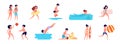 Swimming kids. Cartoon summer children, boy girl playing on beach or pool. Fun sea holidays, isolated happy vacation