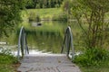 Swimming lake swimming platform jetty with ladder for bathers spring day with green forest and blue green water, day cloudy