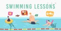 Swimming Lessons Landing Page Template. Coach Teaching Kids Characters in Pool. Girl and Boys with Training Tools Learn