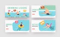 Swimming Lessons Landing Page Template Set. Coach Teaching Kids Characters in Pool. Girl and Boys with Training Tools