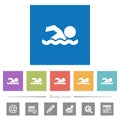 Swimming man flat white icons in square backgrounds
