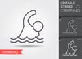 Swimming man. Outline icon with editable stroke. Linear sport symbol with shadow.